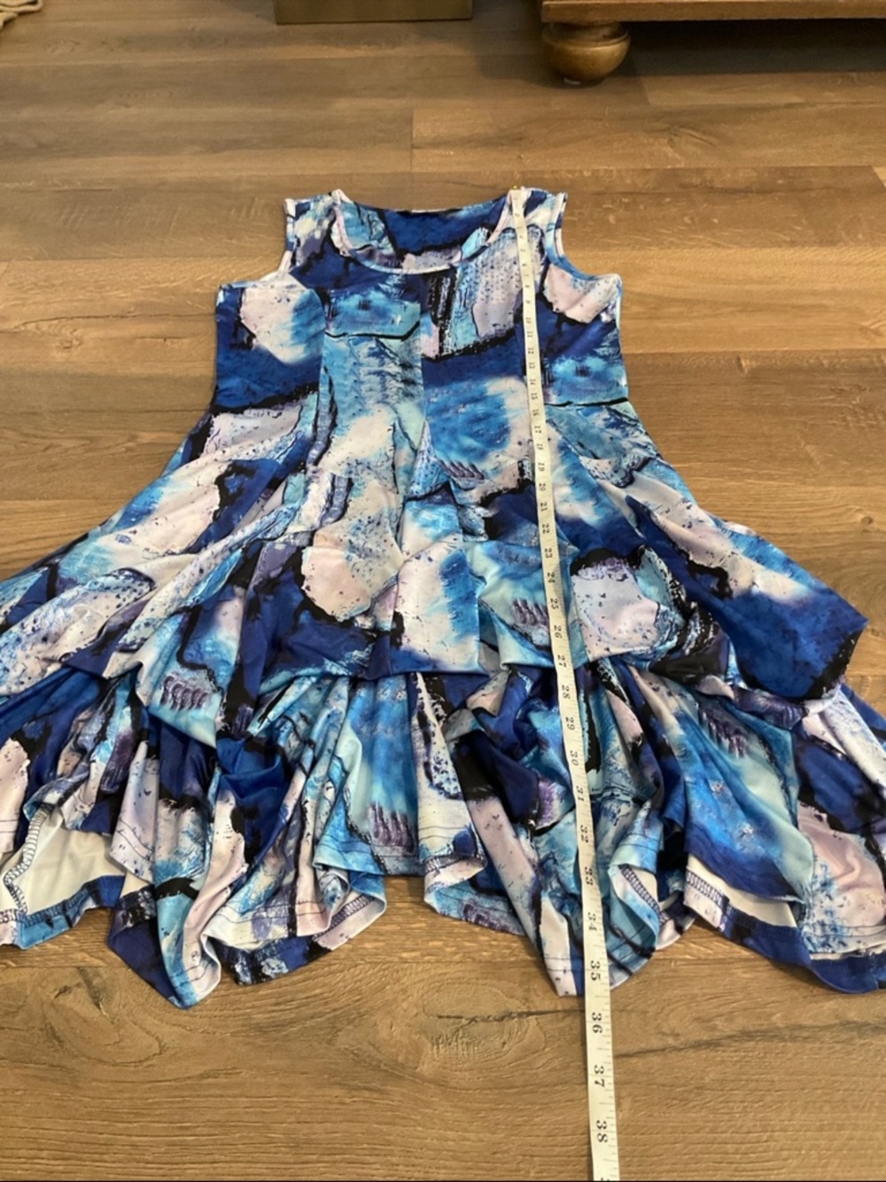 Tango Mango blue print sleeveless knee length dress w/ ties for tiered skirt, XS - Picture 7 of 8
